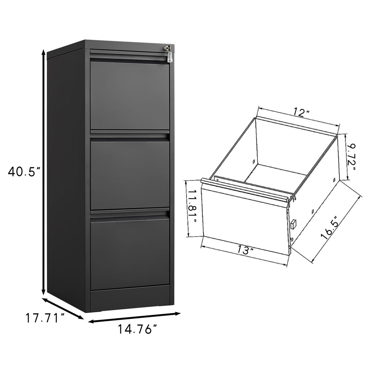 Durable Metal 3 Drawer File Cabinet with Lock – Black or White