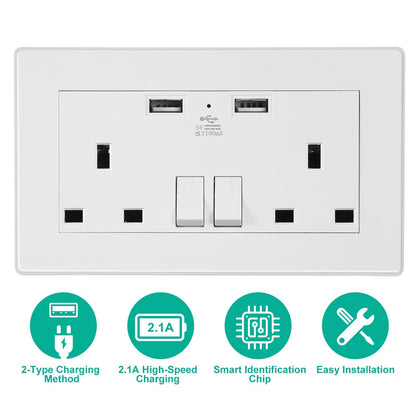 UK Wall Outlet Dual Wall Plug Socket Duplex 2.1A USB Wall Charger with Plug Switch Light Indicator