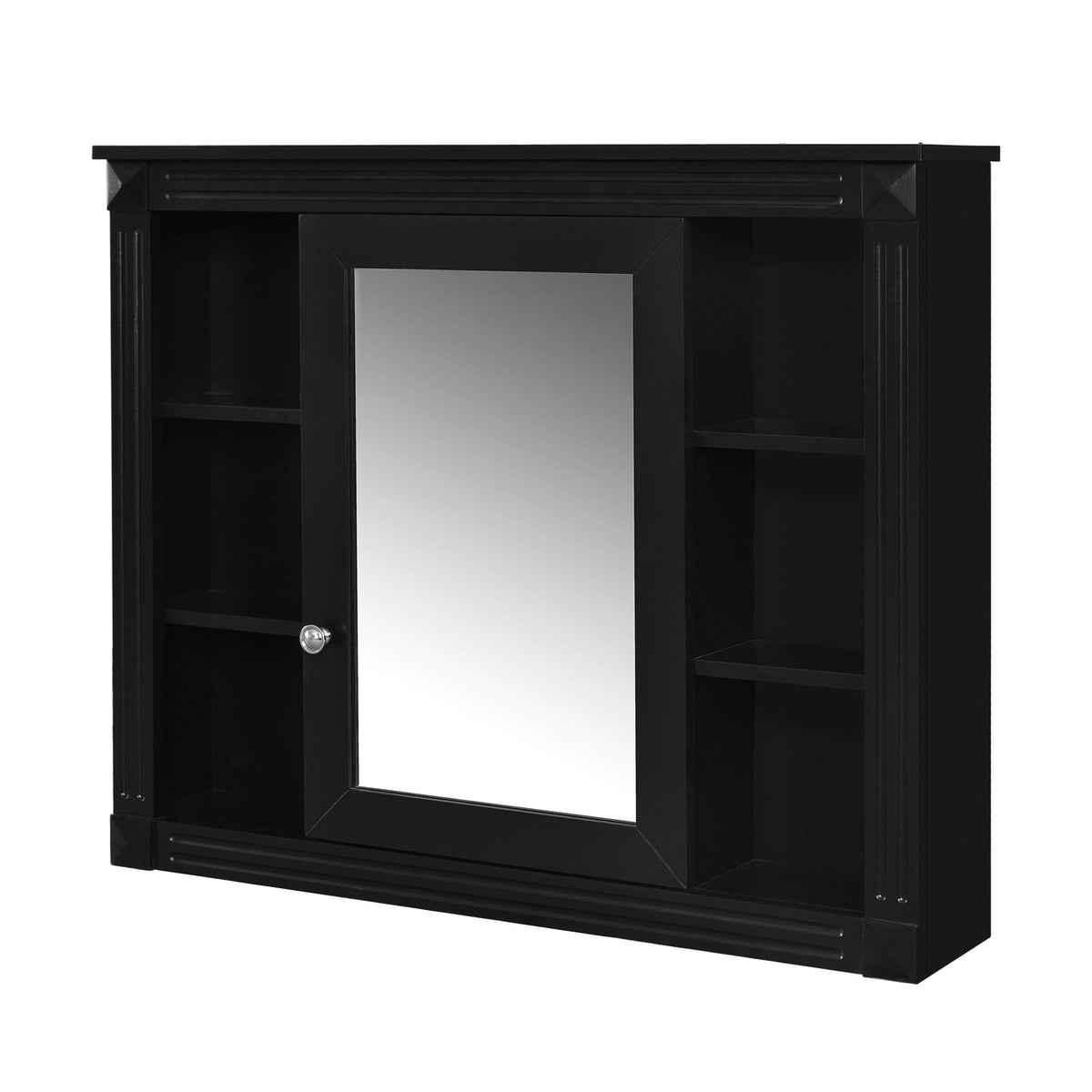 Wall-Mounted Bathroom Storage Cabinet with Mirror and 6 Open Shelves - Black
