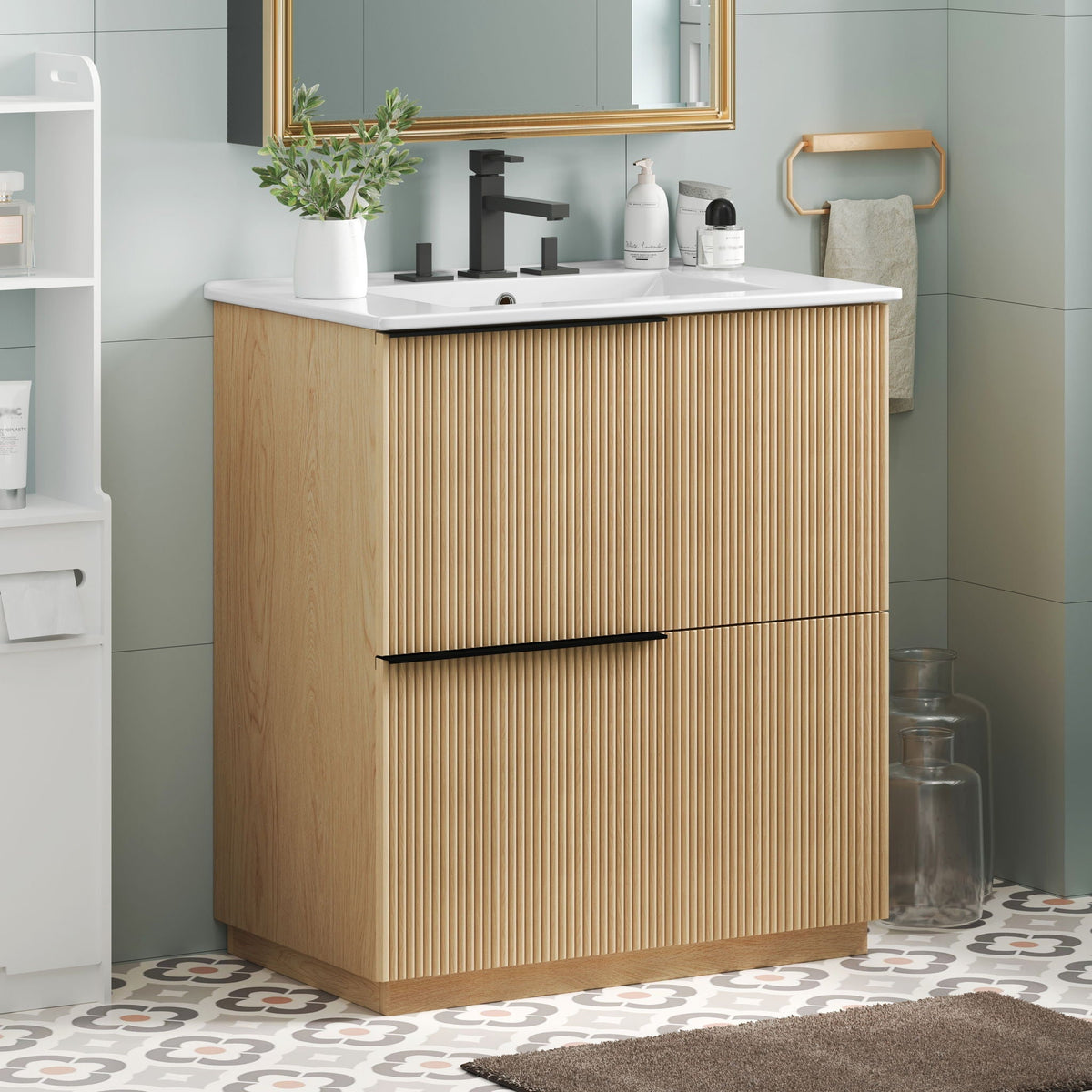 Fluted Bathroom Vanity with Ceramic Sink and Soft-Close Drawers - Light Brown, White, or Dark Green