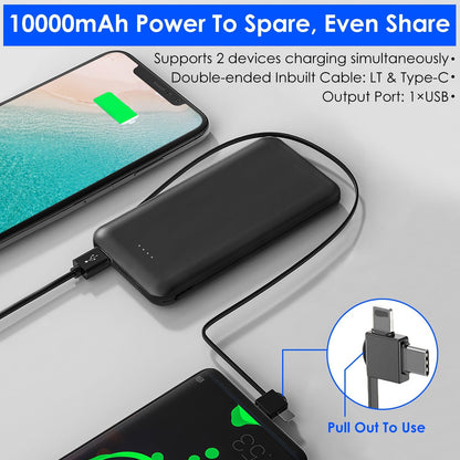 10000mAh Power Bank Portable Phone Charger External Battery Pack with LT & Type-C Double-ended Cable Type-C USB Cable Fit For IOSPhone 14 Android And
