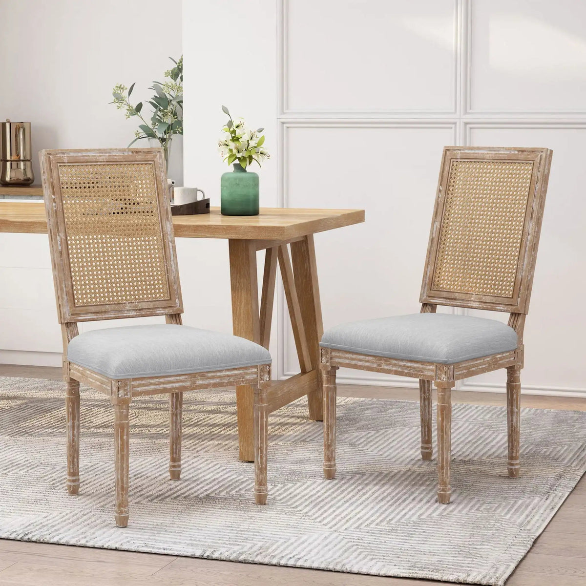 French Country Dining Chair with Rectangular Cane Backrest and Upholstered Seat