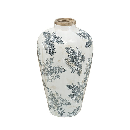 White Ceramic Accent Vase with Gray Floral Design - Multicolor