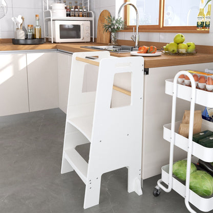 White Adjustable Child Kitchen Step Stool with Removable Bar - Standing Tower