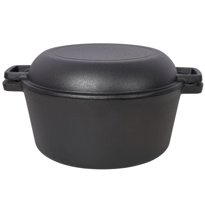 3 In 1 Pre-Seasoned Cast Iron Dutch Oven with Skillet Lid - Black