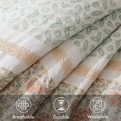 Coral Cotton Percale Comforter Set with Pintucking and Lace Taping - Queen