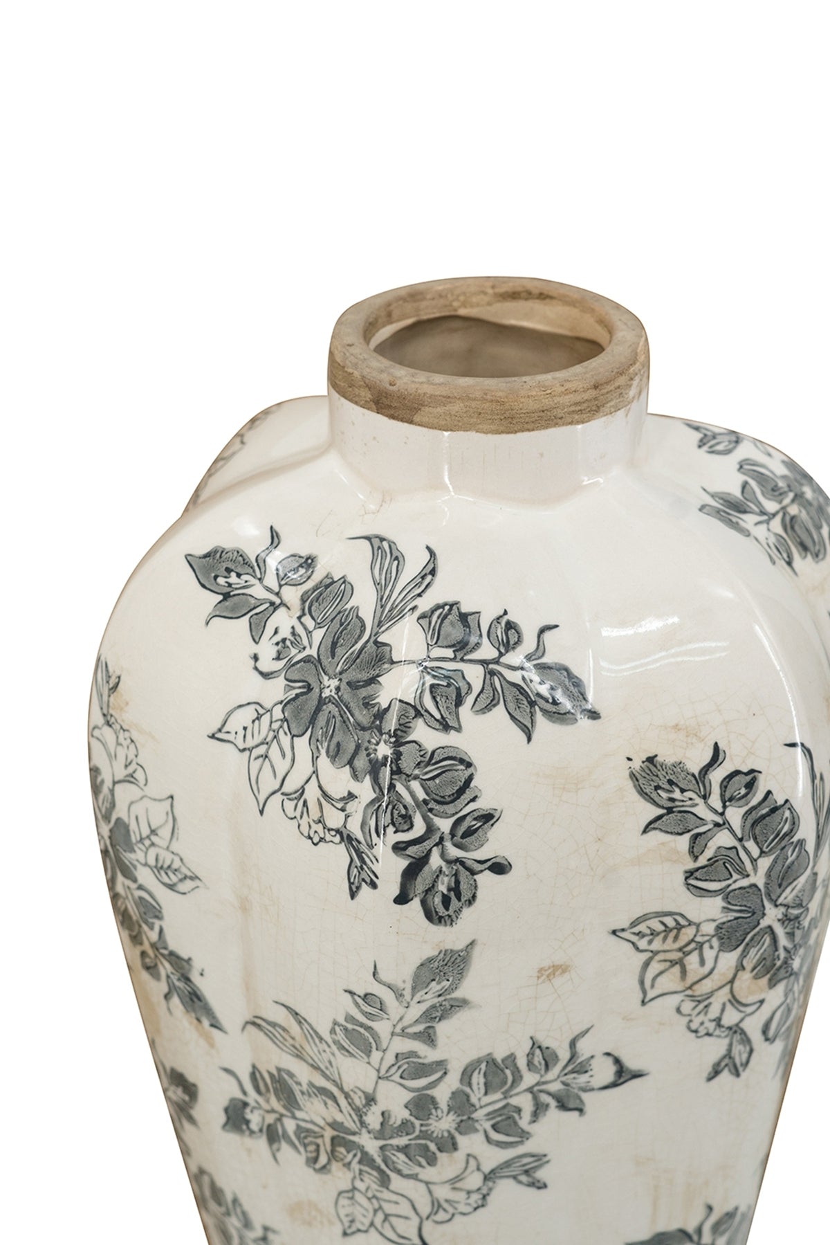 White Ceramic Accent Vase with Gray Floral Design - Multicolor