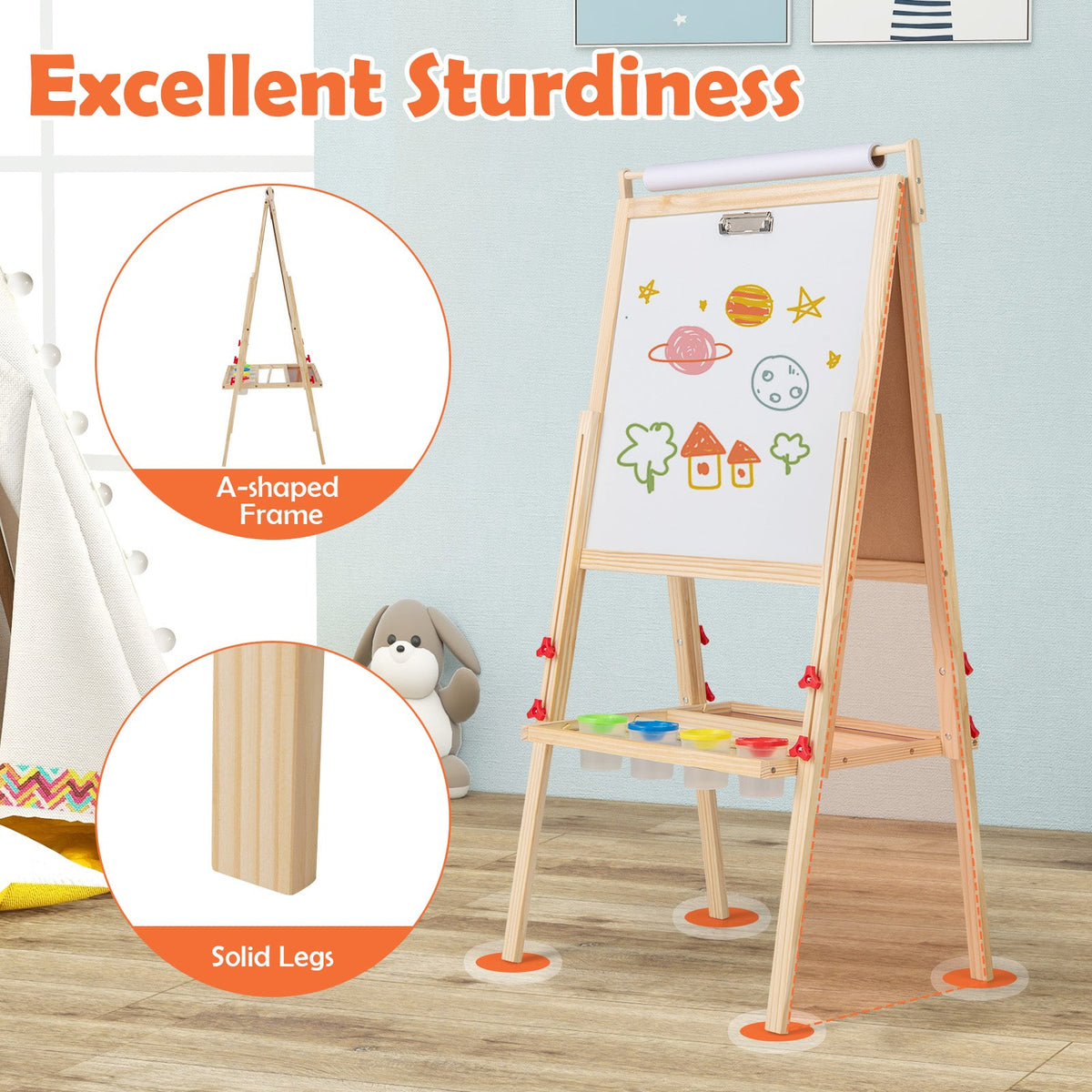 Adjustable Double-sided Easel with 4 Paint Cups-Natutral
