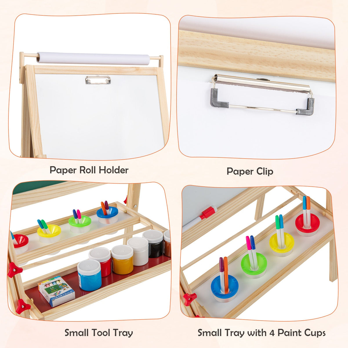 Adjustable Double-sided Easel with 4 Paint Cups-Natutral