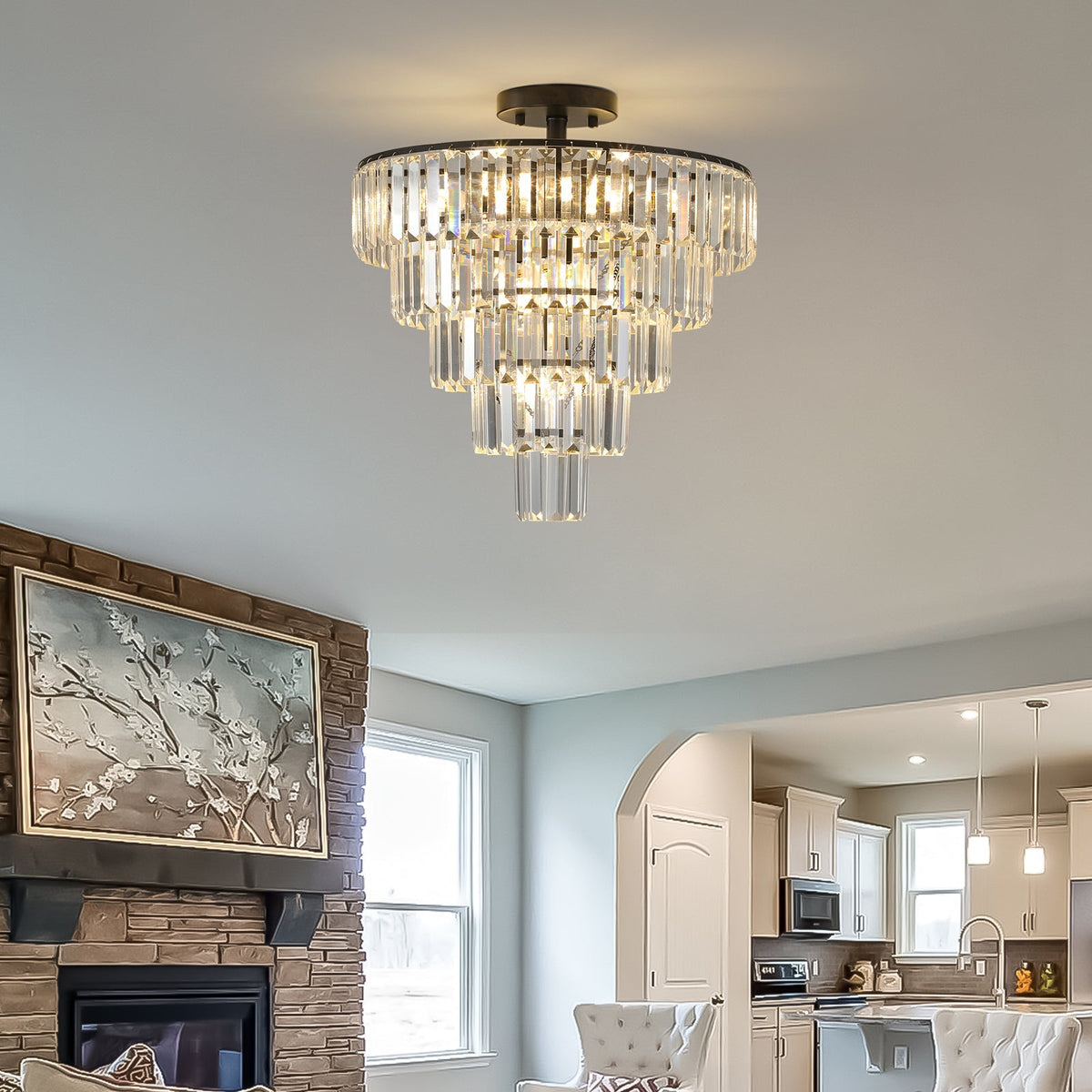 20" Black Crystal Chandelier with 10-Light Flush Mount - Black