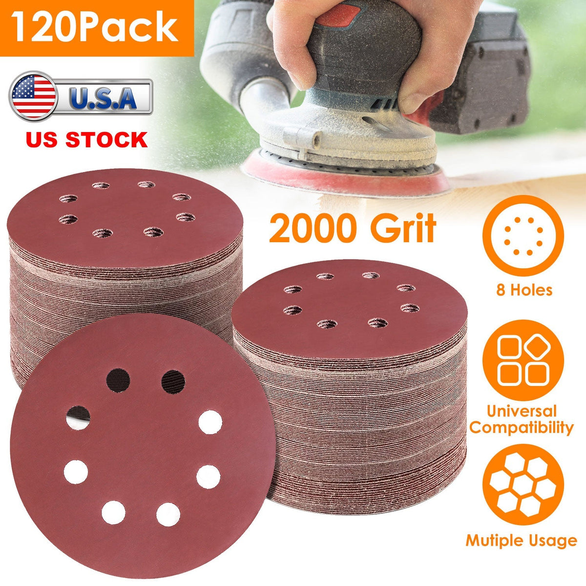 120Pack 5 Inch 8 Hole Round Sandpapers Random Orbital Sander Pads Sanding Discs 2000Grit