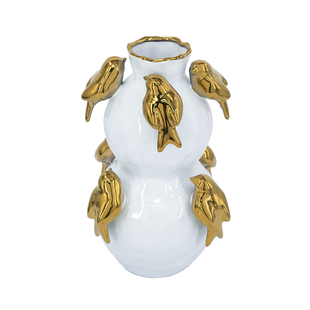 White Two-Tiered Ceramic Vase with Gold Bird Accents - 14" Height