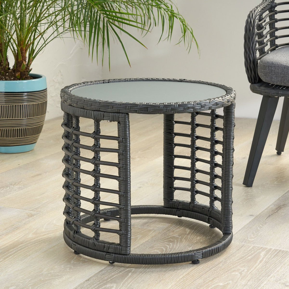 Achill Outdoor Boho Wicker Side Table with Glass Top - Gray