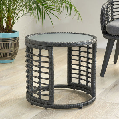Achill Outdoor Boho Wicker Side Table with Glass Top - Gray