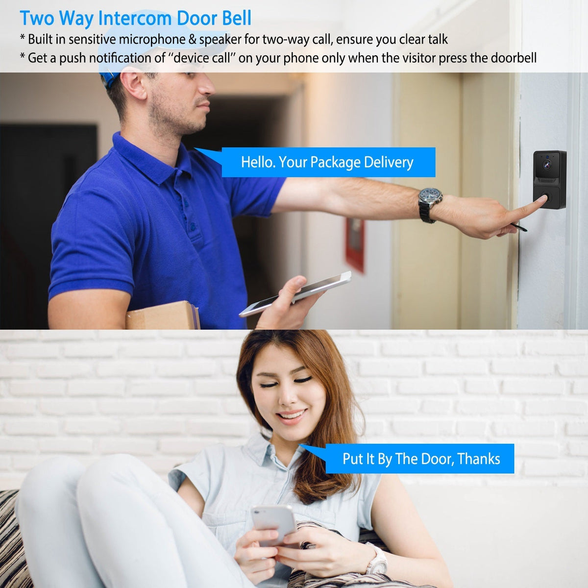 Smart Wireless Chime WiFi Doorbell Security 2 Way Intercom Visual Bell Chime Night Vision Camera Door Bell