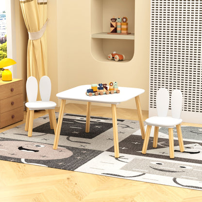 Rabbit Themed Kids Table and 2 Chairs Set with Rounded Corners - White