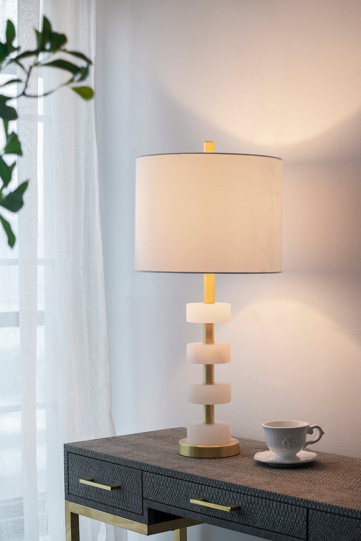 Marble Table Lamp with Brass Frame and White Fabric Shade - White + Gold