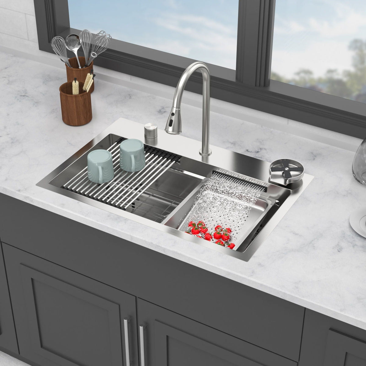 Drop In Waterfall Kitchen Sink with Pull-Out Faucet & Cup Washer - Gray or Black