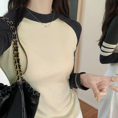 Color-blocked Shoulder Sleeve Short Crop Long Sleeve T-Shirt for Women