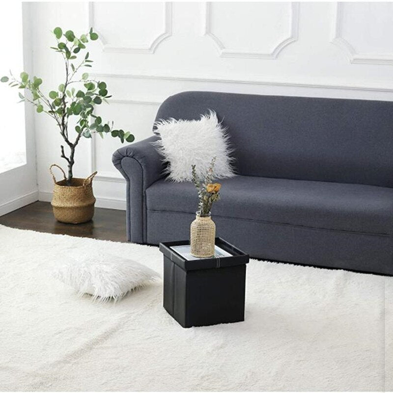 12 inch Non-slip Foldable Ottoman Storage Stool Leather Footstool Storage Box Small Sofa Chair Bench Box Home Organizers Box