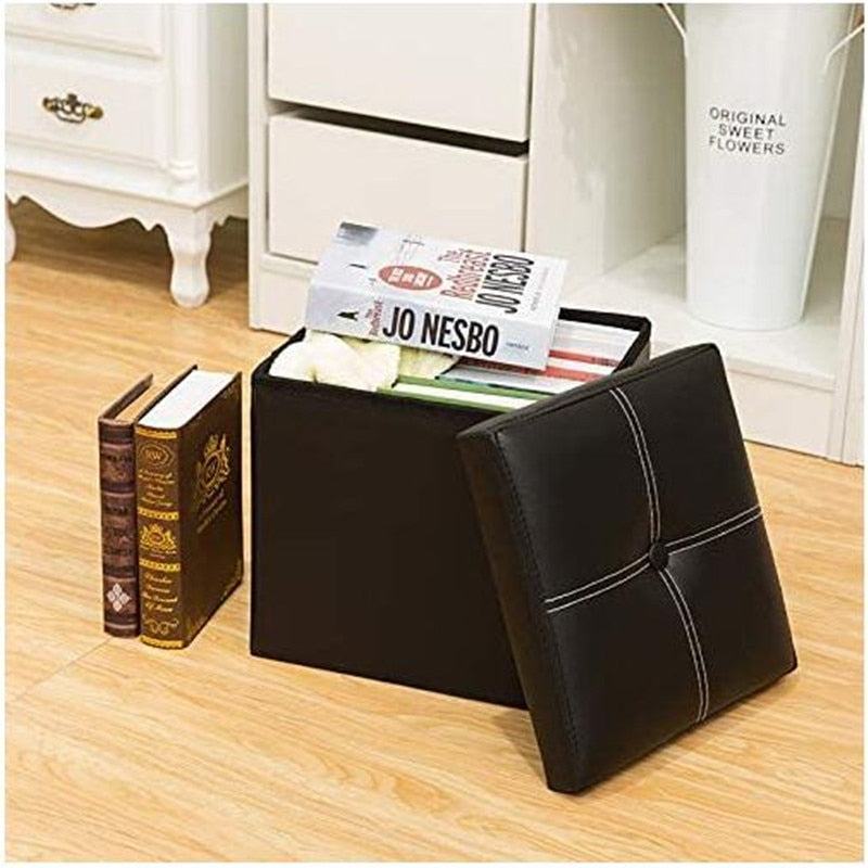 12 inch Non-slip Foldable Ottoman Storage Stool Leather Footstool Storage Box Small Sofa Chair Bench Box Home Organizers Box