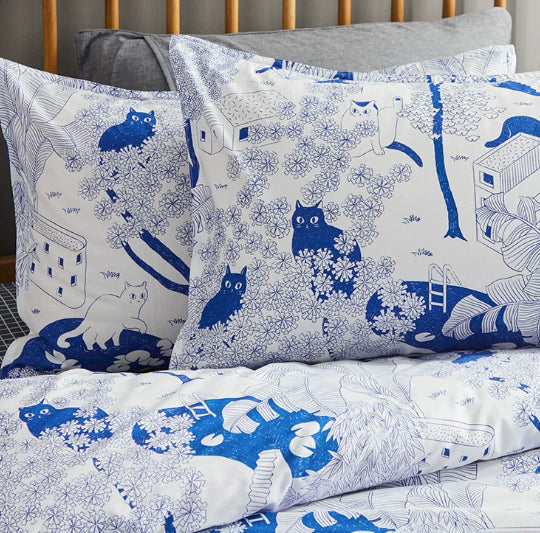 Pattern: Cat, Style: Set A-1.5M, Size:  - 100 Cotton Soft Bed Sheets And Duvet Covers Original New Chinese-style Blue Print