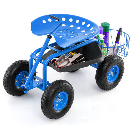 Costway Extendable Handle Garden Cart Rolling Wagon Scooter-Blue