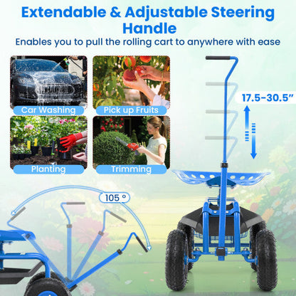 Costway Extendable Handle Garden Cart Rolling Wagon Scooter-Blue