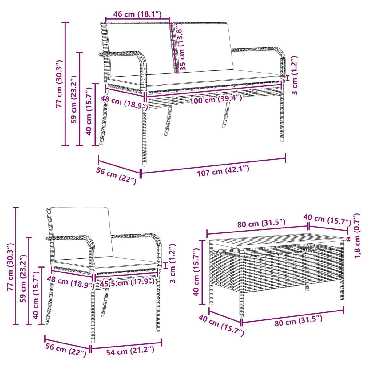 Garden set Black Poly Rattan