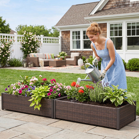 PE Rattan Elevated Raised Garden Bed with Open-Ended Base-Brown - Color: Brown