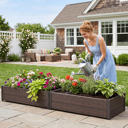 PE Rattan Elevated Raised Garden Bed with Open-Ended Base-Brown - Color: Brown