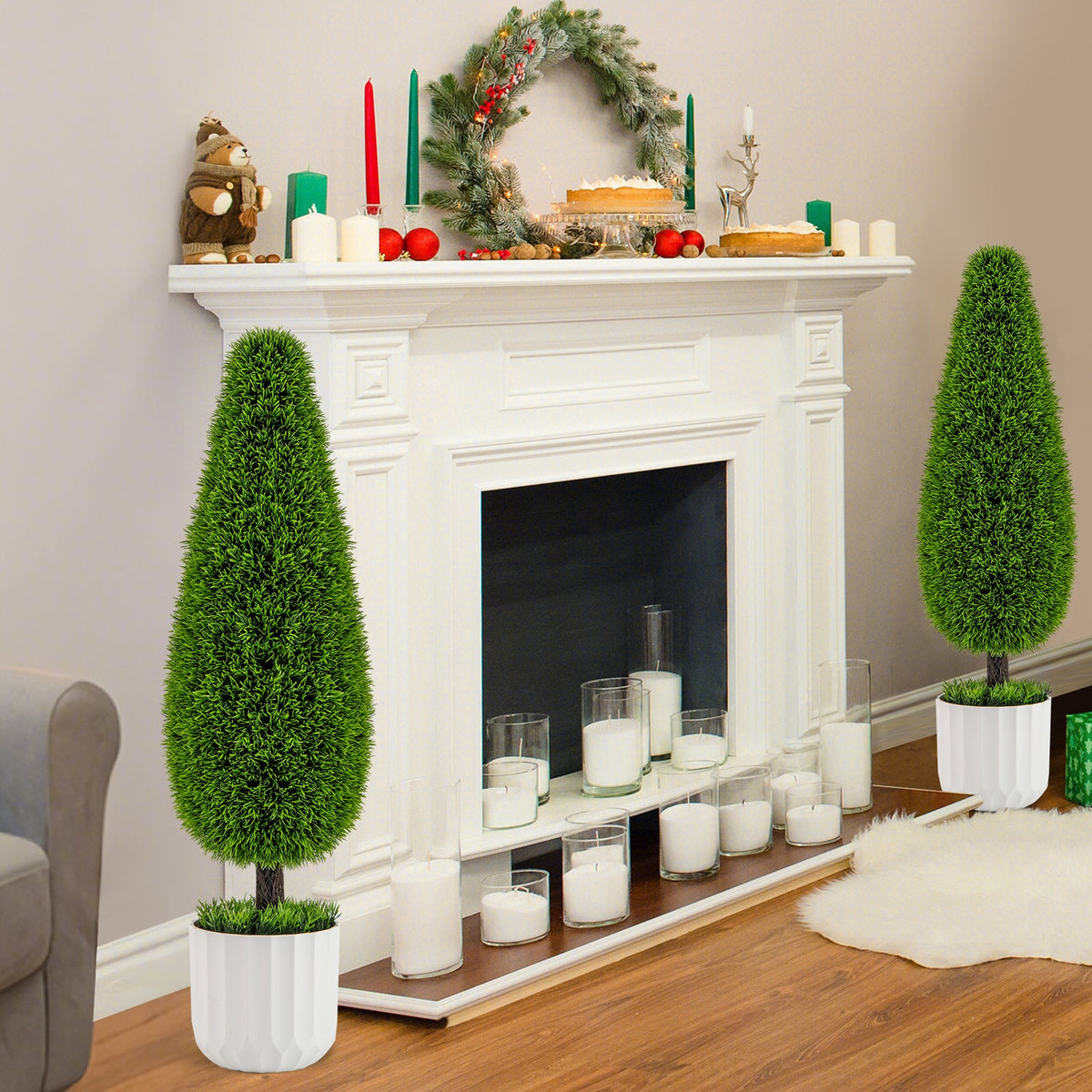 2 Pack 3 Feet Artificial Cedar Teardrop Shaped Bush with Plastic Nursery Pot-Green