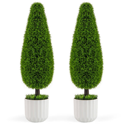 2 Pack 3 Feet Artificial Cedar Teardrop Shaped Bush with Plastic Nursery Pot-Green