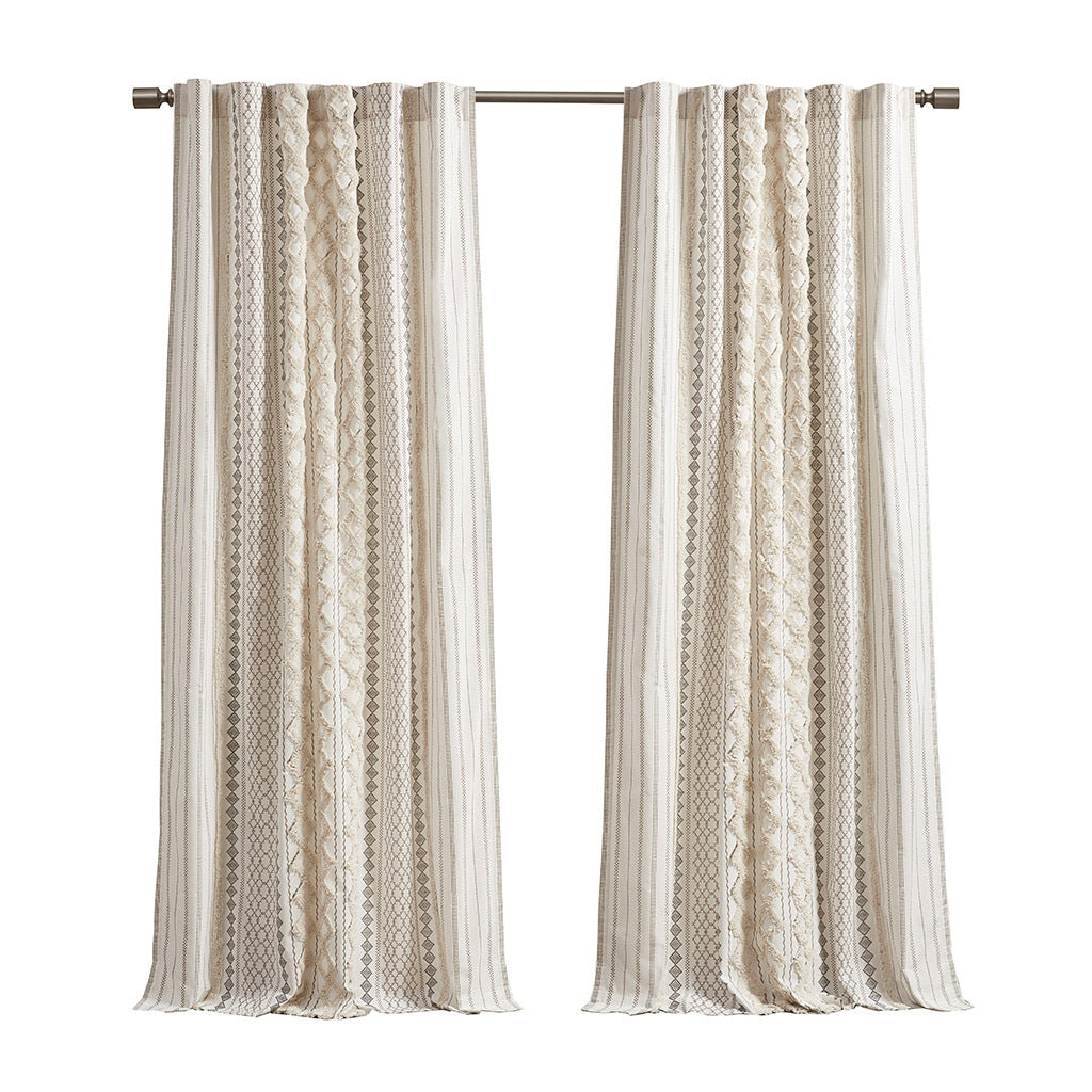 Cotton Printed Curtain Panel with Chenille Stripe - Ivory