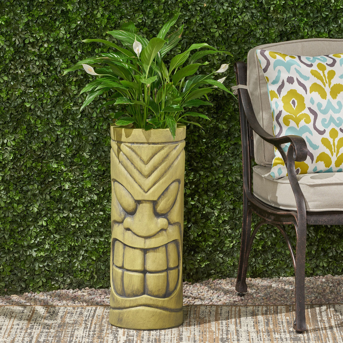 Stone Statue Urn Planter with Tiki Face Design - Antique Green