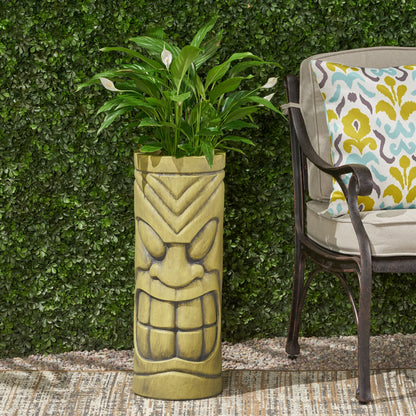 Stone Statue Urn Planter with Tiki Face Design - Antique Green