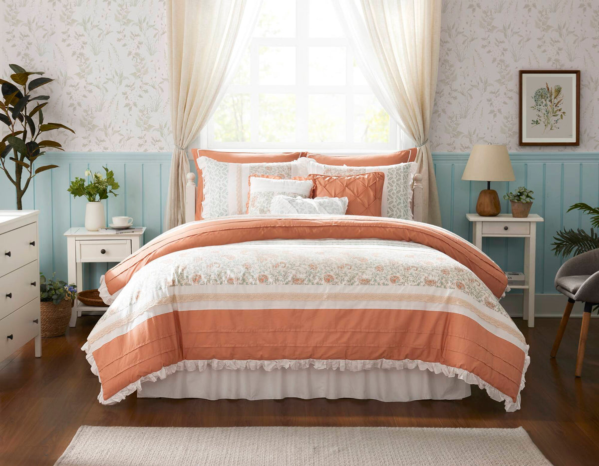 Coral Cotton Percale Comforter Set with Pintucking and Lace Taping - Queen