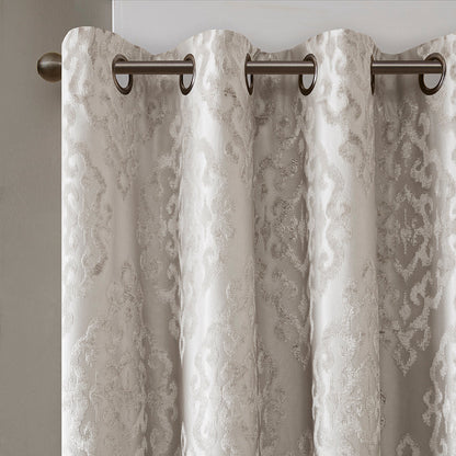 Knitted Jacquard Damask Total Blackout Curtain Panel with Silver Grommets - Silver