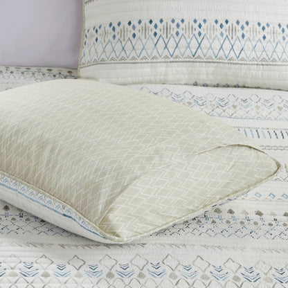 Printed Microfiber Seersucker Quilt Set with Reversible Design - Taupe/Blue
