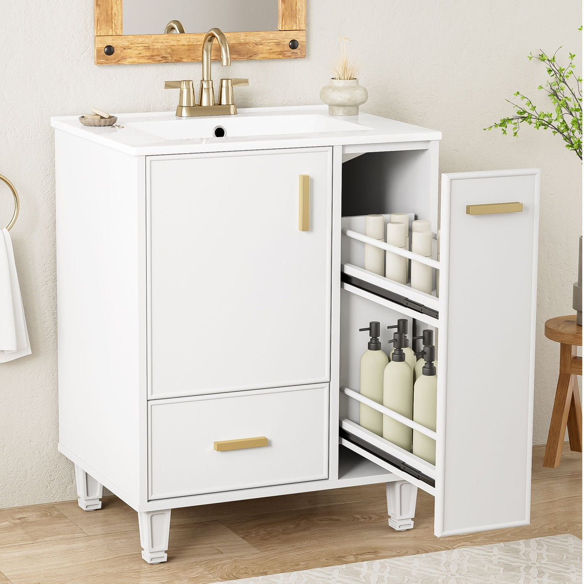 Bathroom Vanity with Ceramic Sink and Deep Storage - Multiple Colors