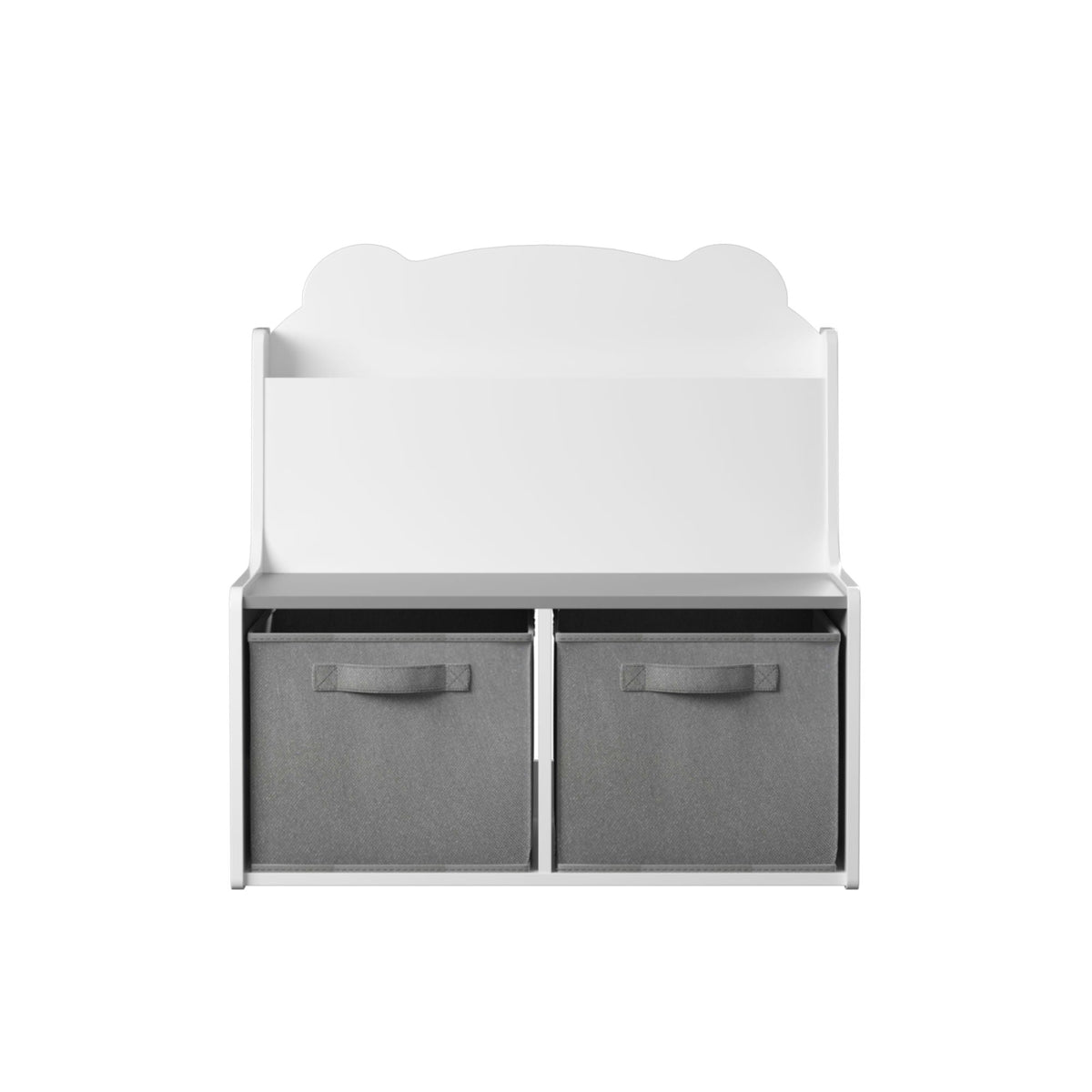 White Bookshelf With Storage Bins and Bear-Shaped Backboard