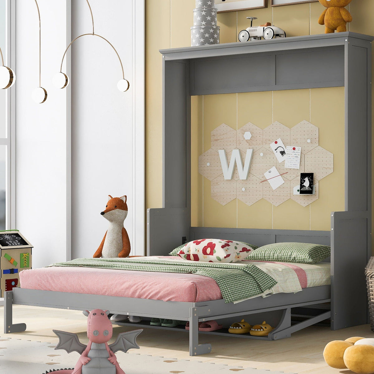 Queen Murphy Bed with Shelf - Solid Pine Cabinet, 600 lb Capacity