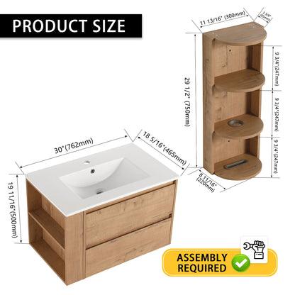 Modern Wall Mounted Bathroom Vanity with Ceramic Sink and Storage - Light Brown