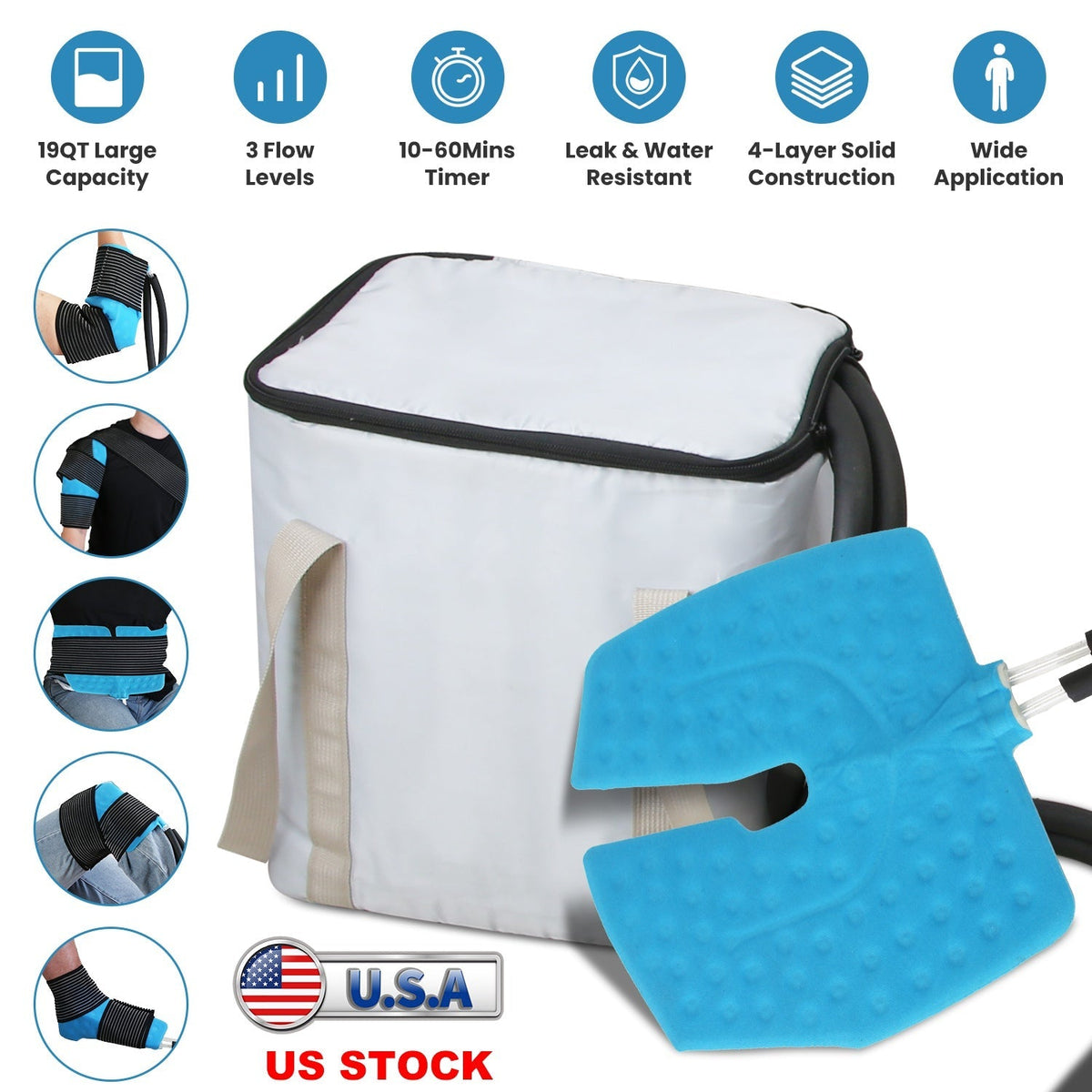 19QT Portable Cold Therapy Machine Programmable Ice Therapy Machine Cold Rush Therapy Machine System with 3 Flow Levels 10-60Mins Timer 3 Elastic Band