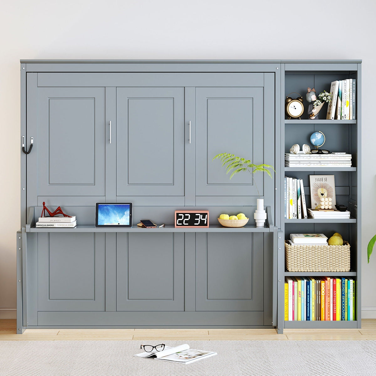 Murphy Bed with Desk and Bookshelf - Solid Pine, Full & Queen Sizes