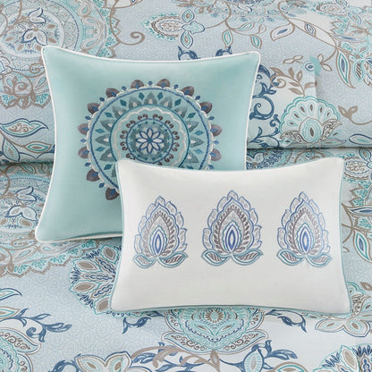 8 Piece Cotton Floral Reversible Comforter Set with Decorative Pillows - Blue
