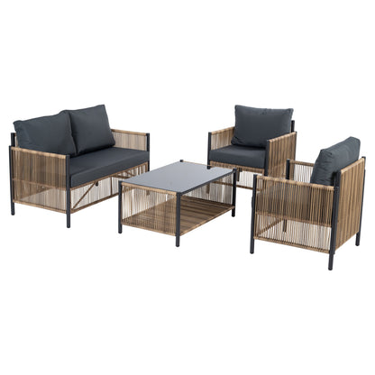 Patio 4-Piece Wicker Sofa Set with Grey Cushions - Brown