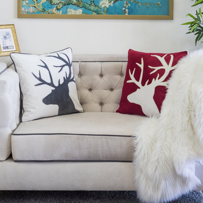Holiday Reindeer Velvet Accent Pillow with Insert - Red and White