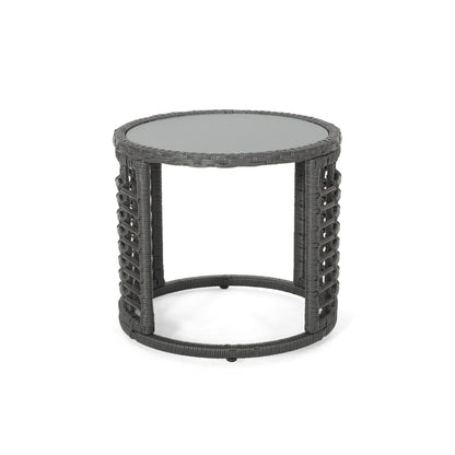 Achill Outdoor Boho Wicker Side Table with Glass Top - Gray