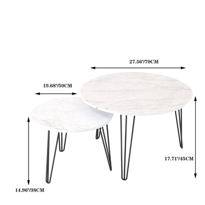 Rustic Round Nesting Coffee Table Set of 2 with Metal Frame - White, Black, Light Brown